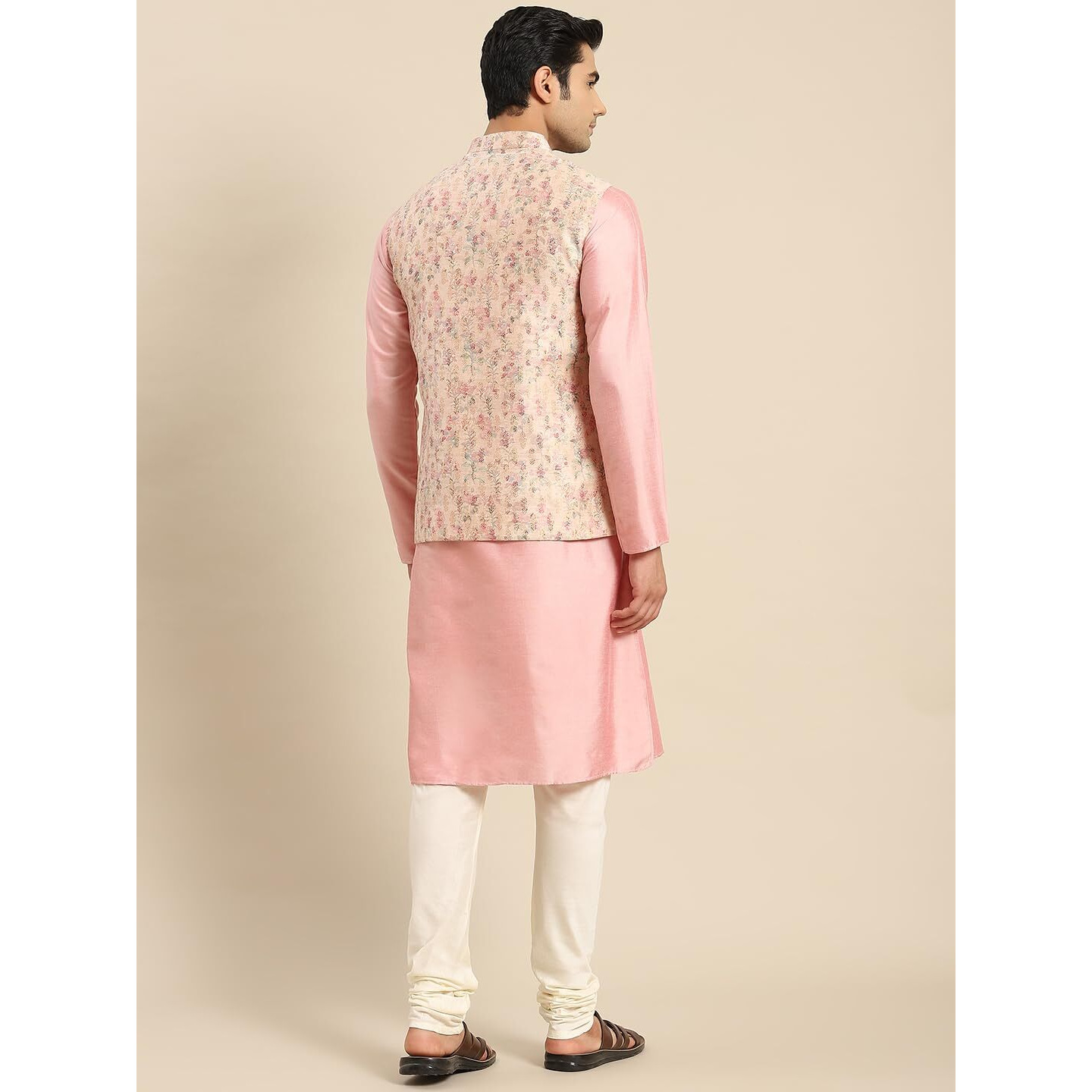 Kisah Men Light Peach Kurta Jacket Set, Full Sleaves, Knee Length, Straight, Regular Fit, Mandarin Collar Ethnic Wear