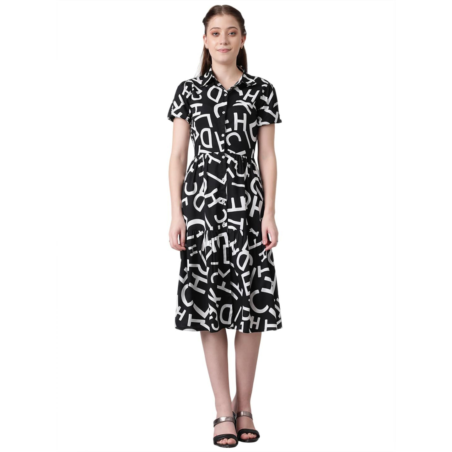 Kotty Women's Collared Neck Fit And Flare Printed Dress(Multicoloured,L)