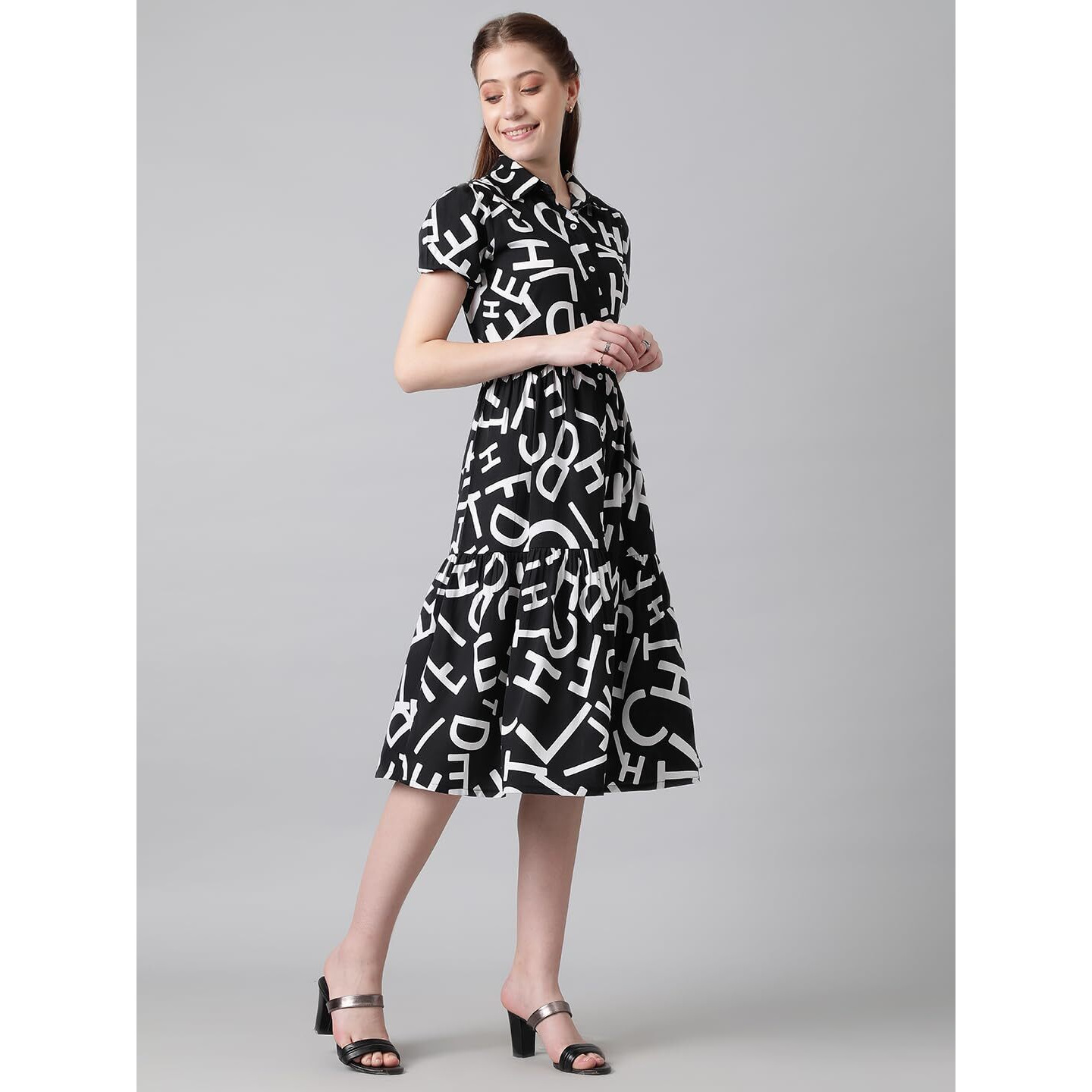 Kotty Women's Collared Neck Fit And Flare Printed Dress(Multicoloured,L)