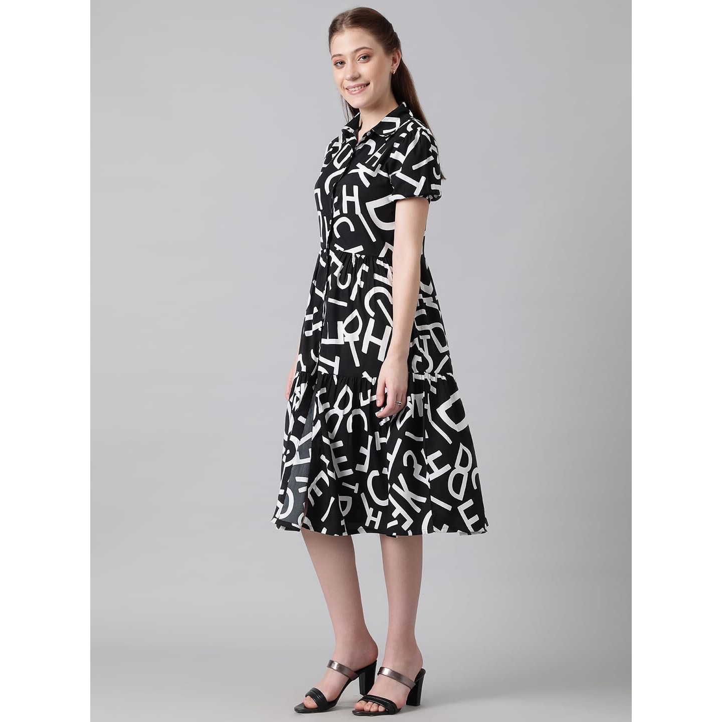 Kotty Women's Collared Neck Fit And Flare Printed Dress(Multicoloured,L)