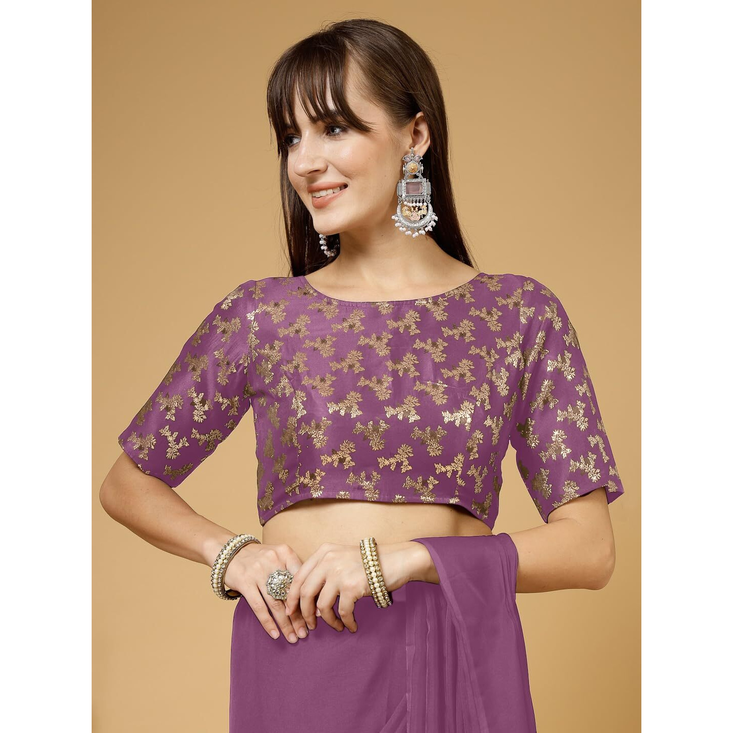 Oomph Women's Indian Ethnic Wear Designer Botanical Pattern Zari Work Boat Neck Half Sleeve Fuscia Pink Color Brocade Readymade Blouse For Saree Or Lehnga And Fusion Twist. M