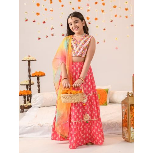 Pspeaches Girl's Cotton Readymade Lehenga Choli (L-Magentaoffwhite_Magenta_8-10Y)