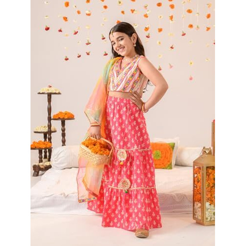 Pspeaches Girl's Cotton Readymade Lehenga Choli (L-Magentaoffwhite_Magenta_8-10Y)
