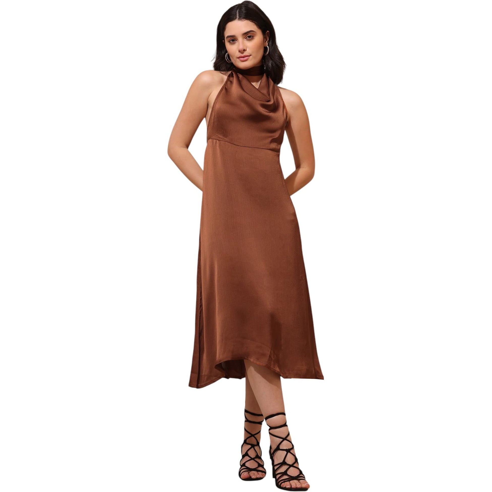 Purvaja Womens Fit & Flared Satin Dress (Floe-130-Xxl_Brown)