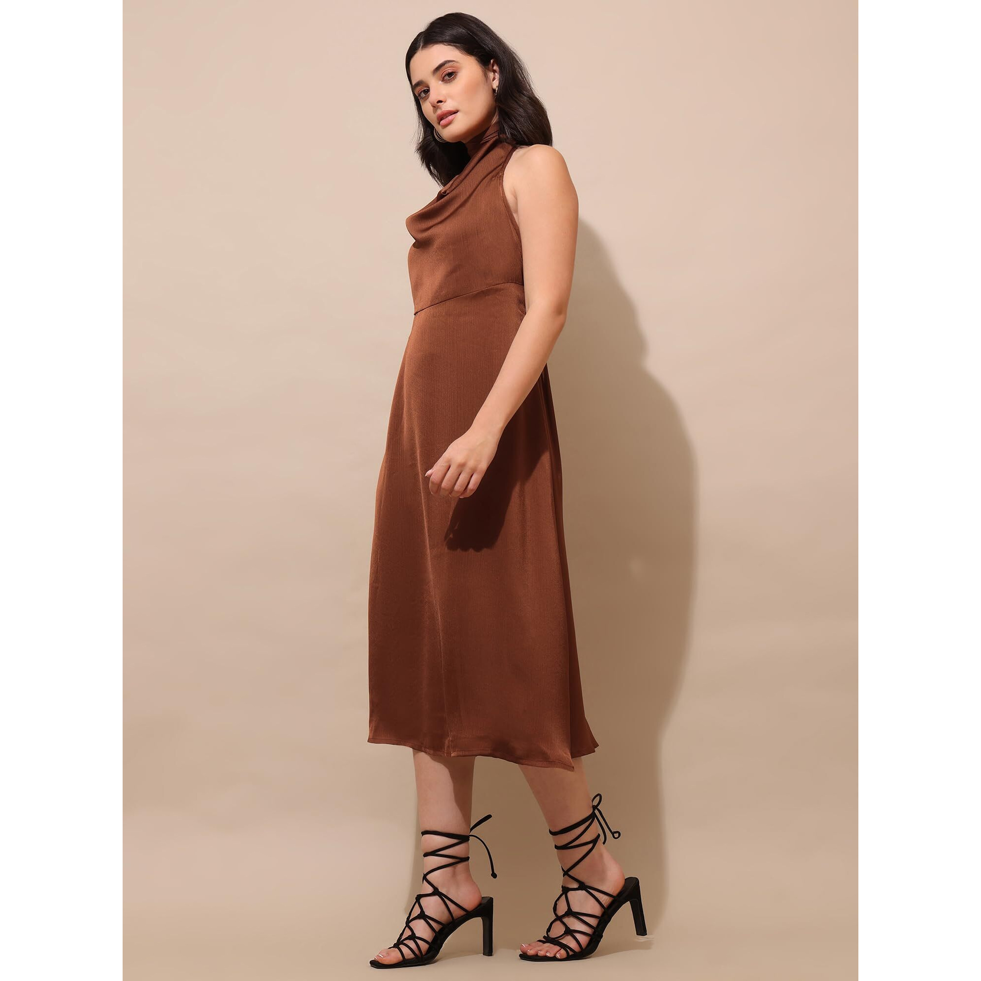 Purvaja Womens Fit & Flared Satin Dress (Floe-130-Xxl_Brown)