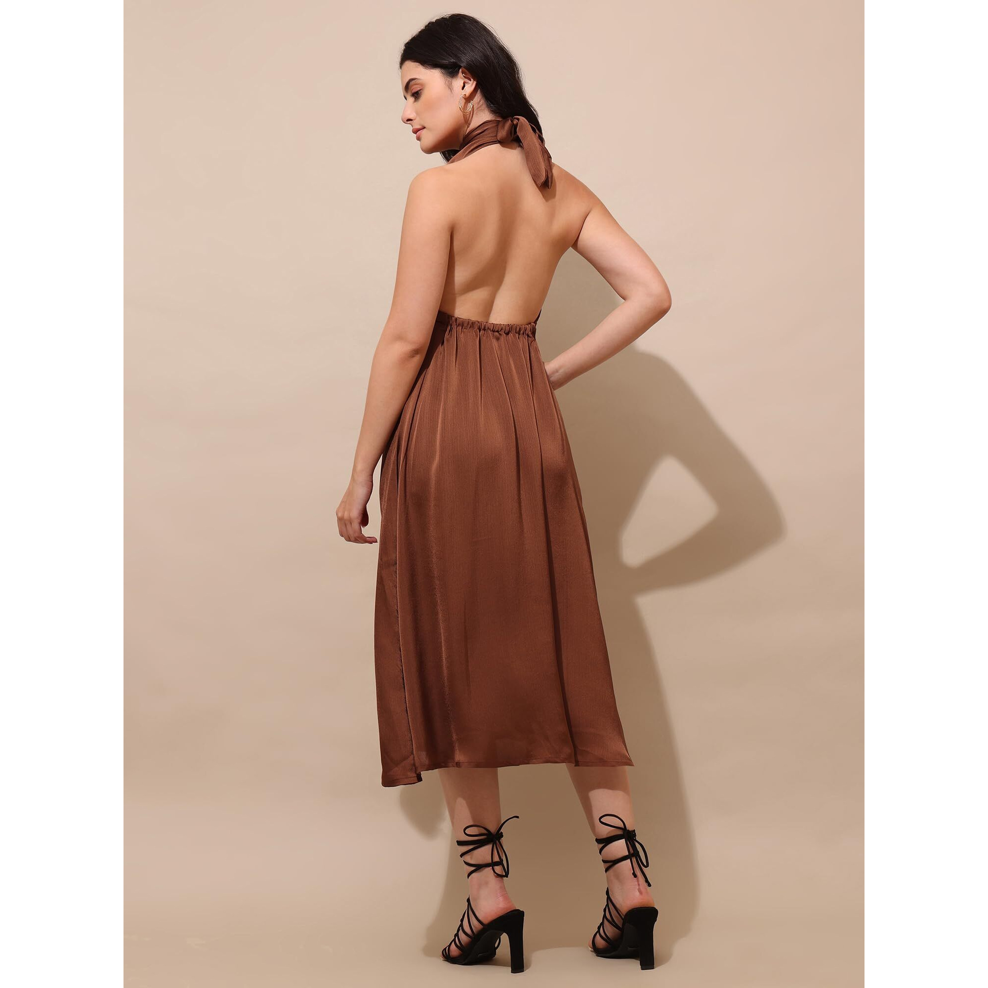 Purvaja Womens Fit & Flared Satin Dress (Floe-130-Xxl_Brown)