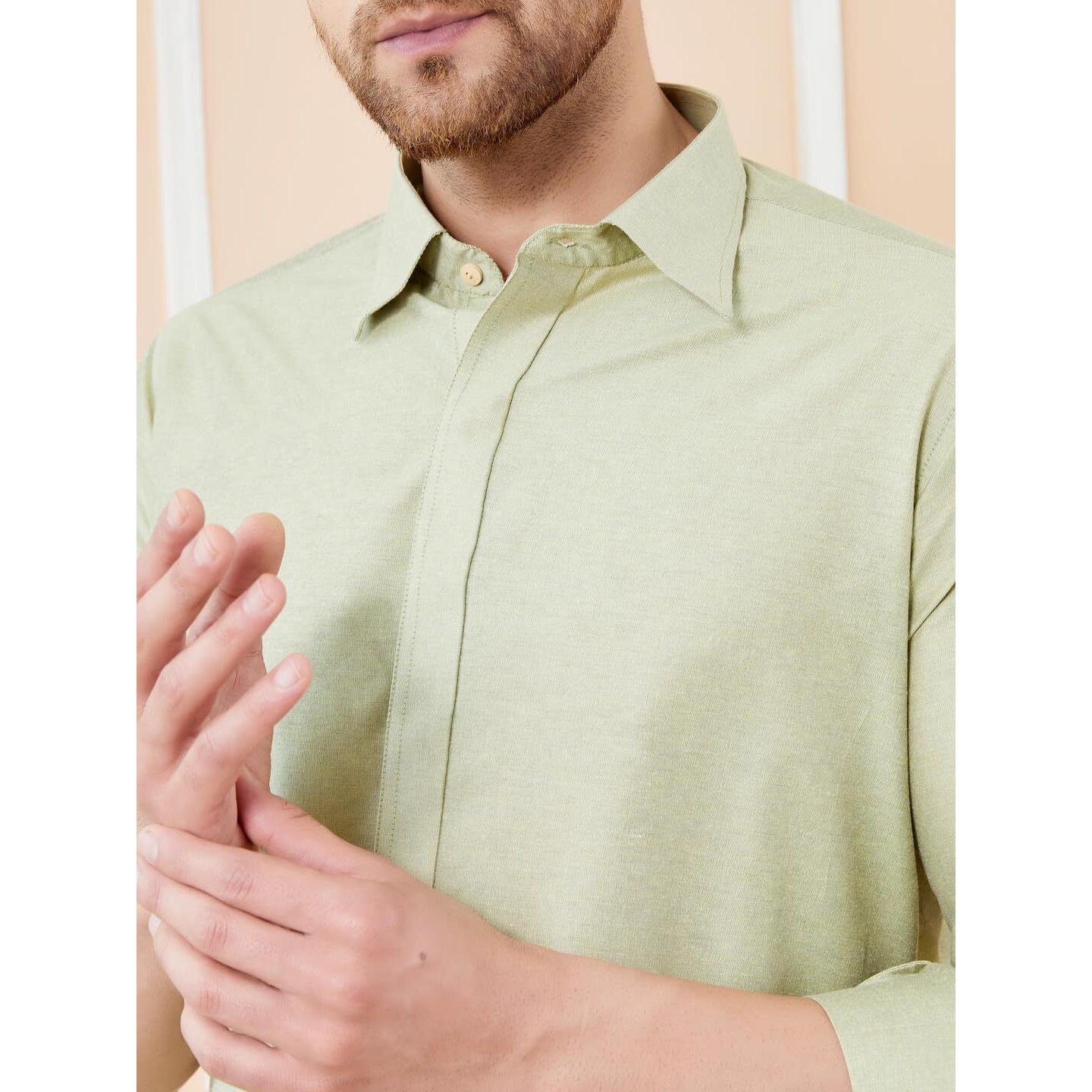 See Designs Men Green Cotton Solid Spread Collar Curved Hem Side Slit Full Sleeve Pathani Kurta With Pyjama - Bnrskt62501S