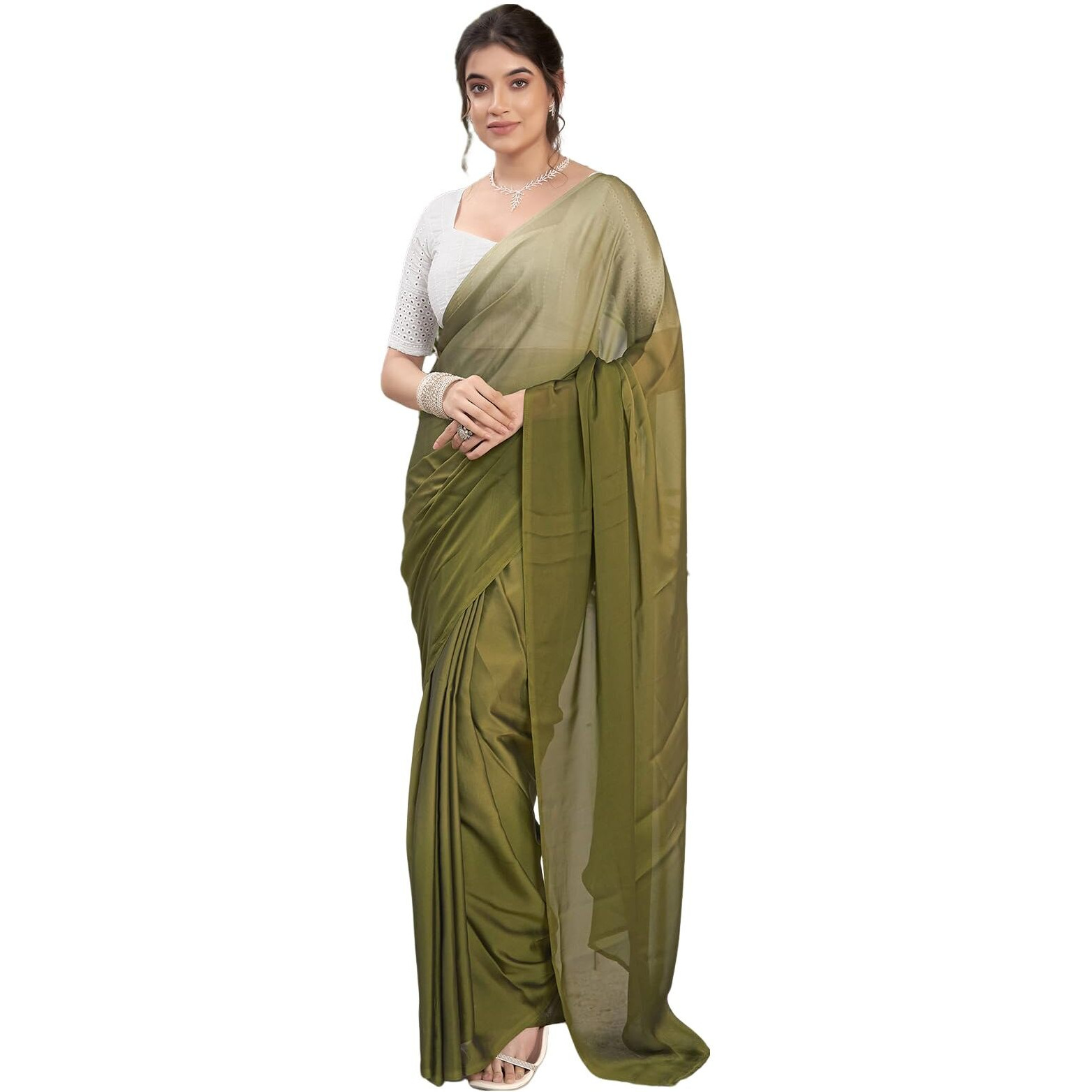 Satrani Women's Georgette Dual Tone Ready To Wear Saree With Unstitched Blouse Piece (20Rs191N_Olive Green & Dusty Green)