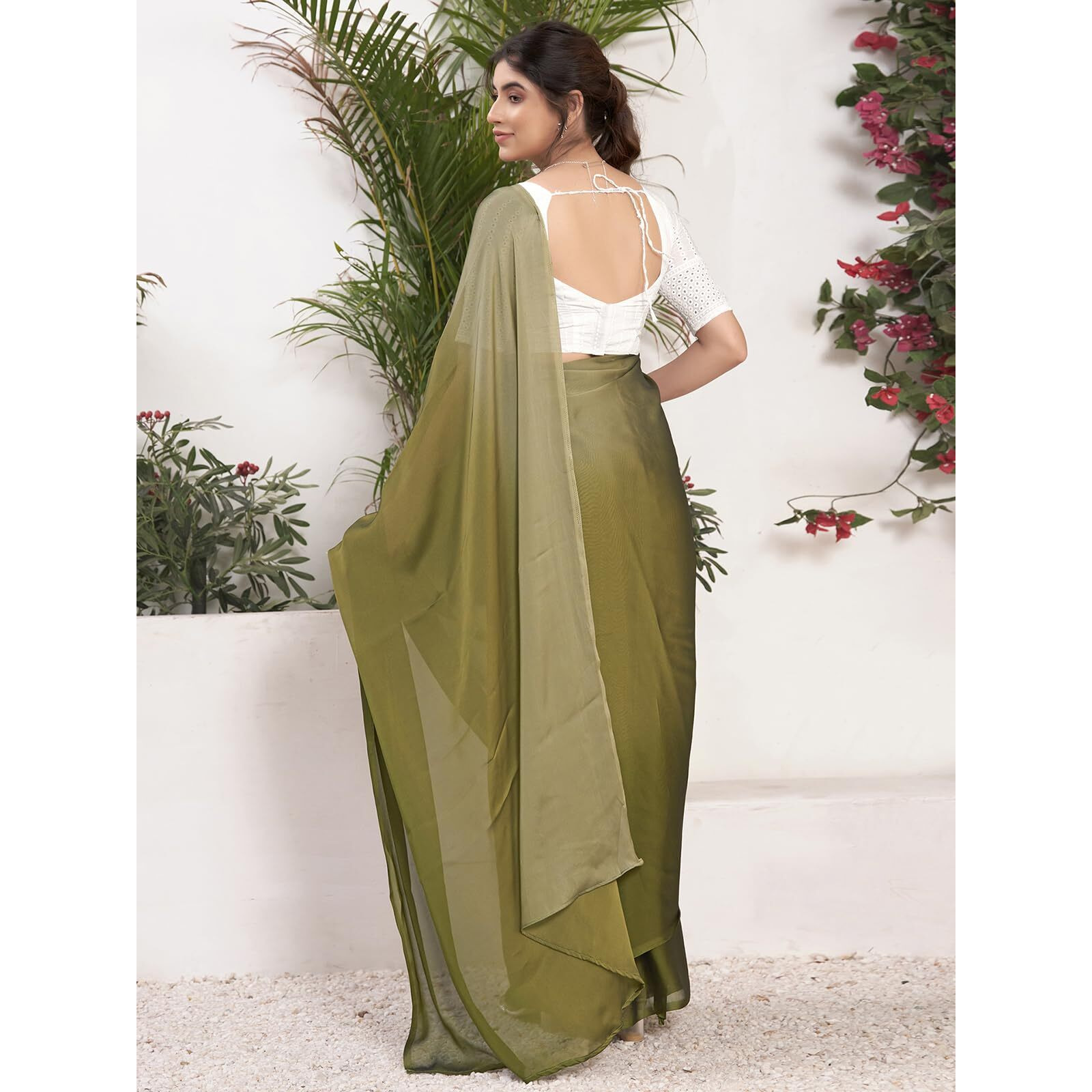 Satrani Women's Georgette Dual Tone Ready To Wear Saree With Unstitched Blouse Piece (20Rs191N_Olive Green & Dusty Green)