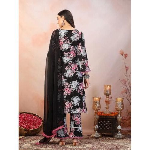 Stylum Women's Black Printed Italian Crush Straight Kurta Pant Dupatta Set