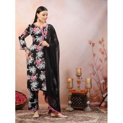Stylum Women's Black Printed Italian Crush Straight Kurta Pant Dupatta Set