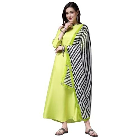 Stylum Women's Solid Rayon A-Line Kurta With Dupatta (Kdgreencolder38_Lime Green, M)