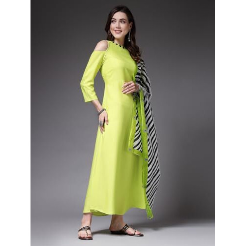 Stylum Women's Solid Rayon A-Line Kurta With Dupatta (Kdgreencolder38_Lime Green, M)