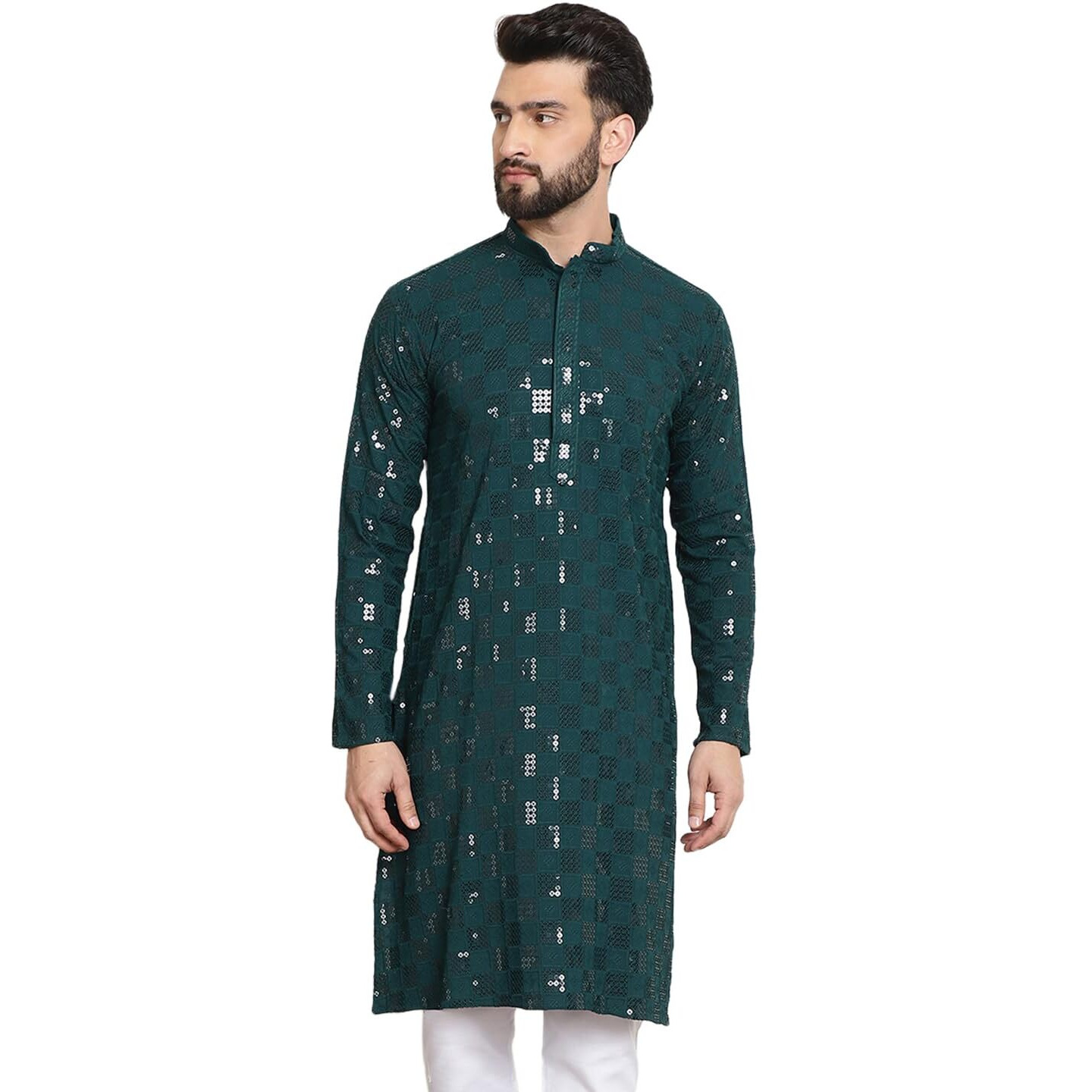 Sojanya (Since 1958 Men's Cotton Embroidered Sequinned Green Long Kurta