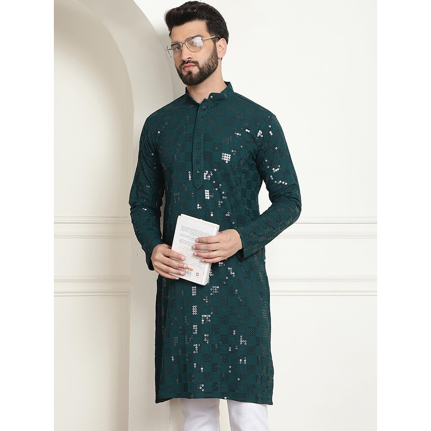 Sojanya (Since 1958 Men's Cotton Embroidered Sequinned Green Long Kurta