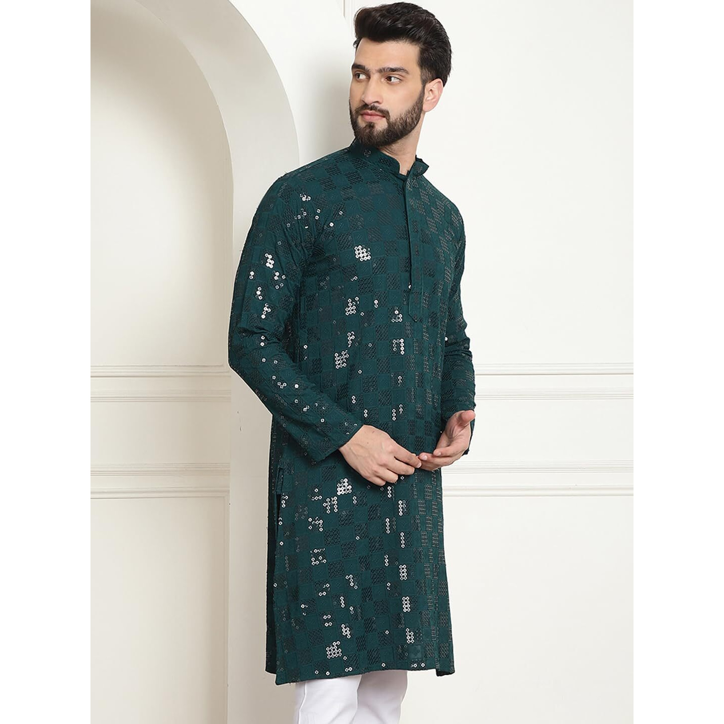 Sojanya (Since 1958 Men's Cotton Embroidered Sequinned Green Long Kurta
