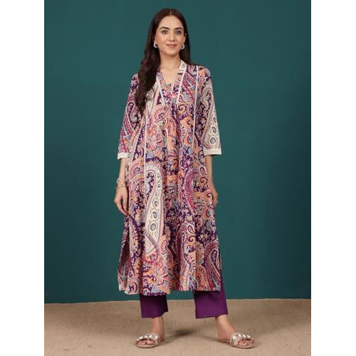 Varanga Women Paisely Printed V Neck Panelled Flared Kurta With Trouser