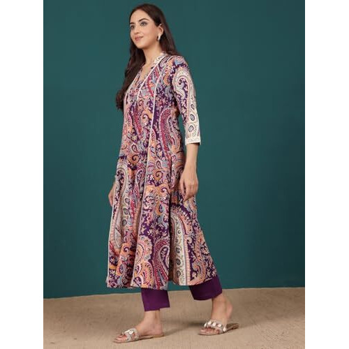 Varanga Women Paisely Printed V Neck Panelled Flared Kurta With Trouser