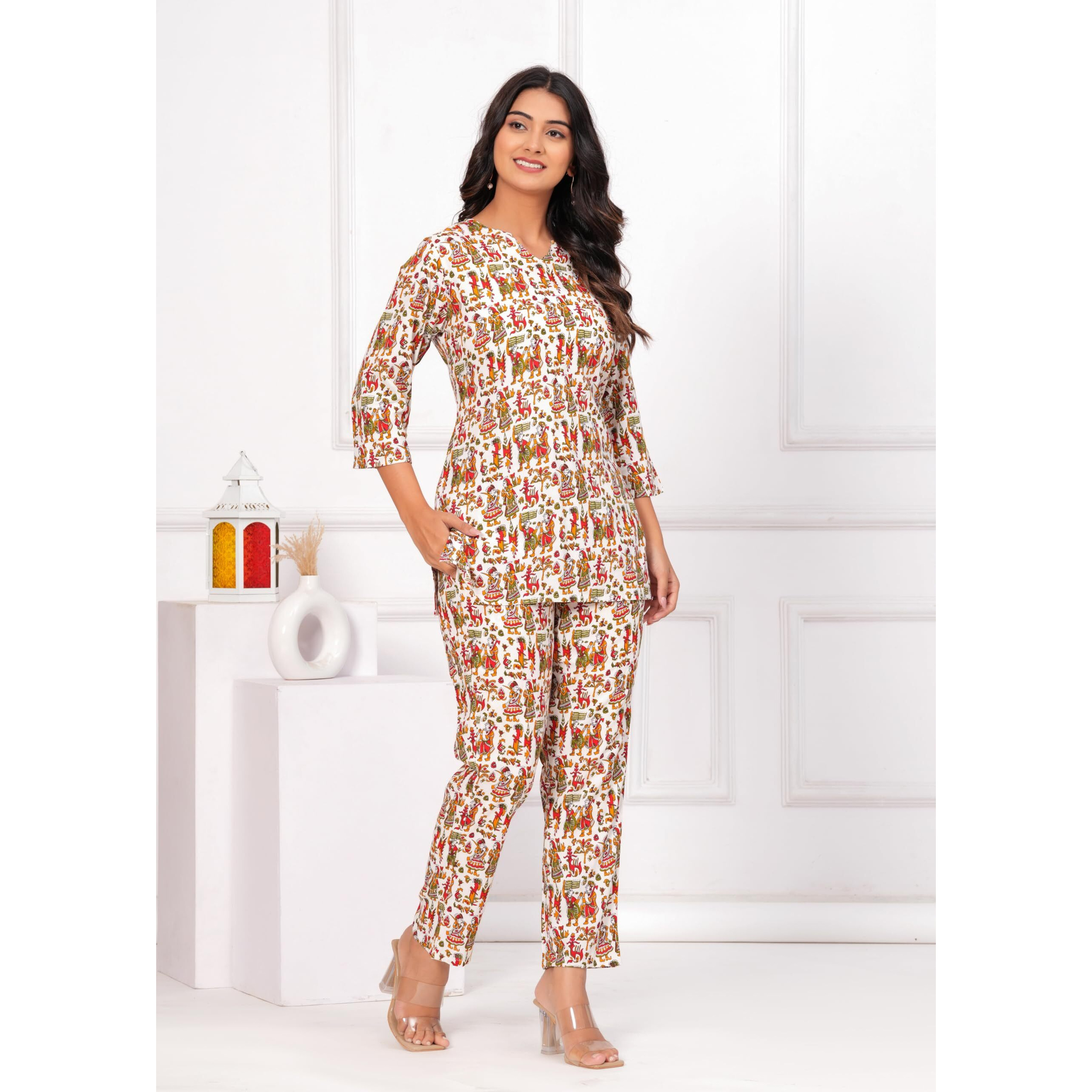 Jikonet Women Cotton Printed Co-Ord Set Kurta Set With Pant Set (White, Medium)