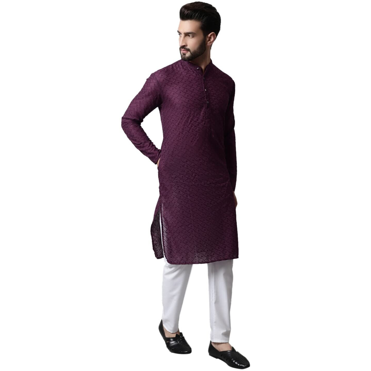 Jompers Men Purple And White Embroidered Kurta With Churidar (Purple, Xl)