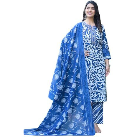 Varanga Women Blue Floral Printed Thread Embroidered Cotton Kurta With Trouser & Dupatta