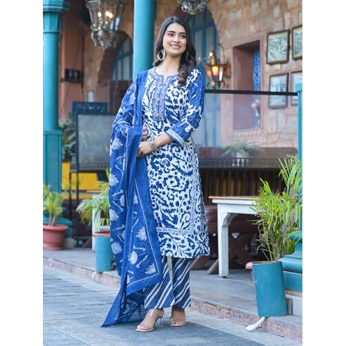 Varanga Women Blue Floral Printed Thread Embroidered Cotton Kurta With Trouser & Dupatta