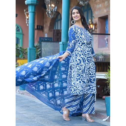 Varanga Women Blue Floral Printed Thread Embroidered Cotton Kurta With Trouser & Dupatta