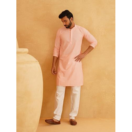 Sojanya (Since 1958 Men's Cotton Embroidered Thread Work Peach Kurta With White Churidar Pyjama