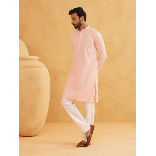 Sojanya (Since 1958 Men's Cotton Embroidered Thread Work Peach Kurta With White Churidar Pyjama