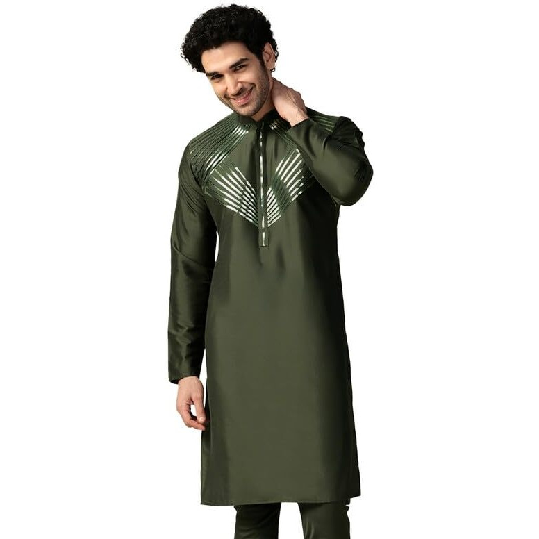Kisah Men's Kurta, Olive Cotton Blend, Embellished Regular Fit Mandarin Collar Long Sleeves (44)