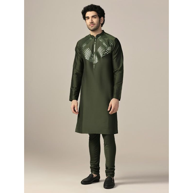 Kisah Men's Kurta, Olive Cotton Blend, Embellished Regular Fit Mandarin Collar Long Sleeves (44)