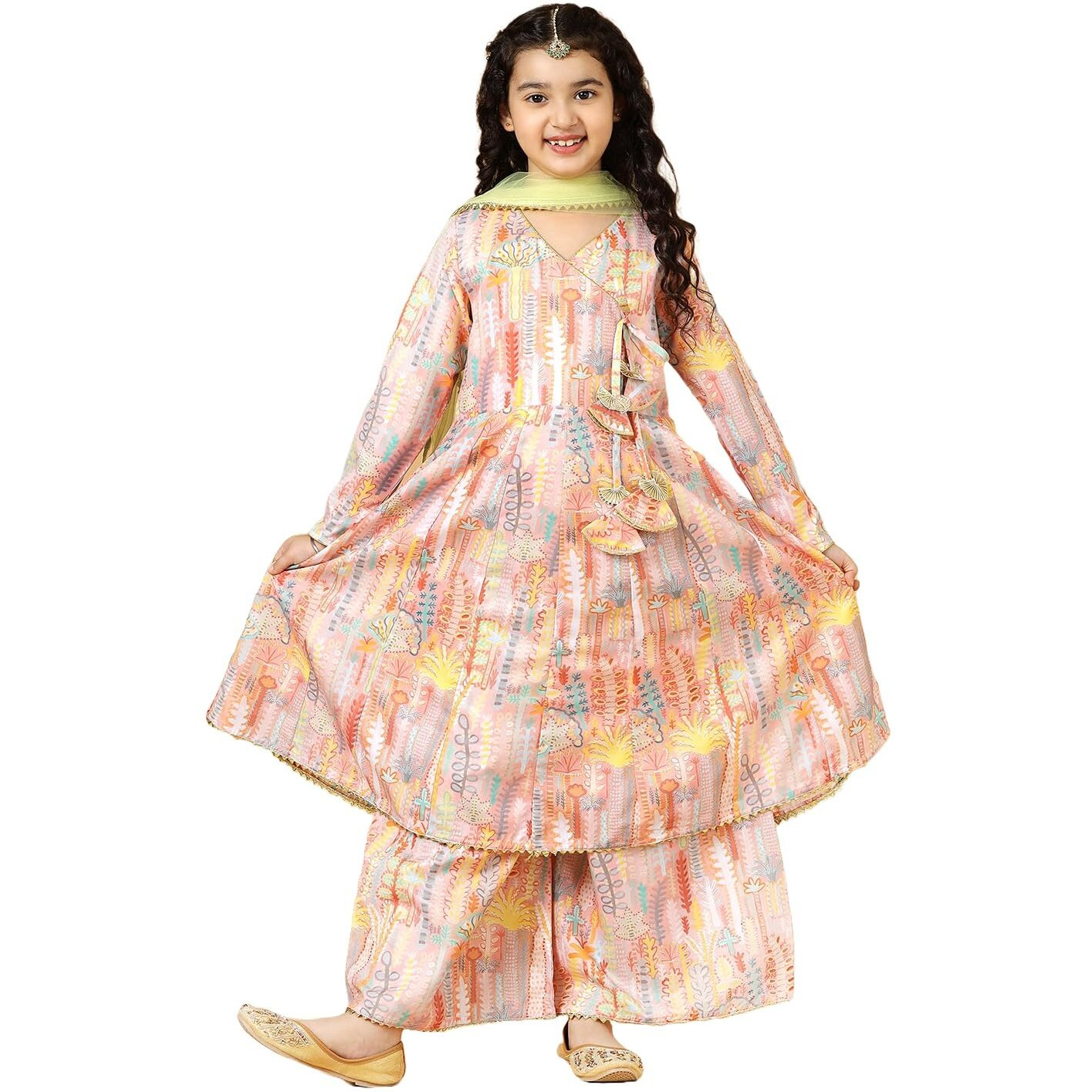 A.T.U.N. (All Things Uber Nice) Peach Floral Printed Anarkali Palazzo Set For Girls
