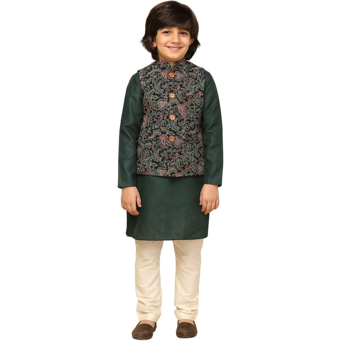 Kisah Boy's Cotton Blend Regular Fit Printed Multi Black Kurta Jacket Pyjama Set (7-8Y)