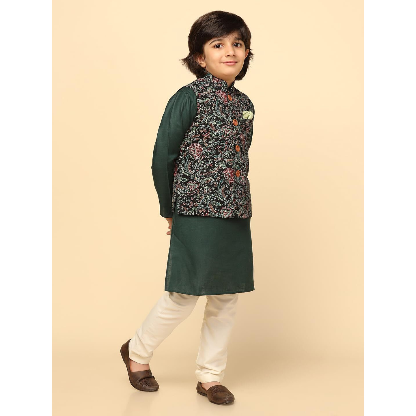 Kisah Boy's Cotton Blend Regular Fit Printed Multi Black Kurta Jacket Pyjama Set (7-8Y)