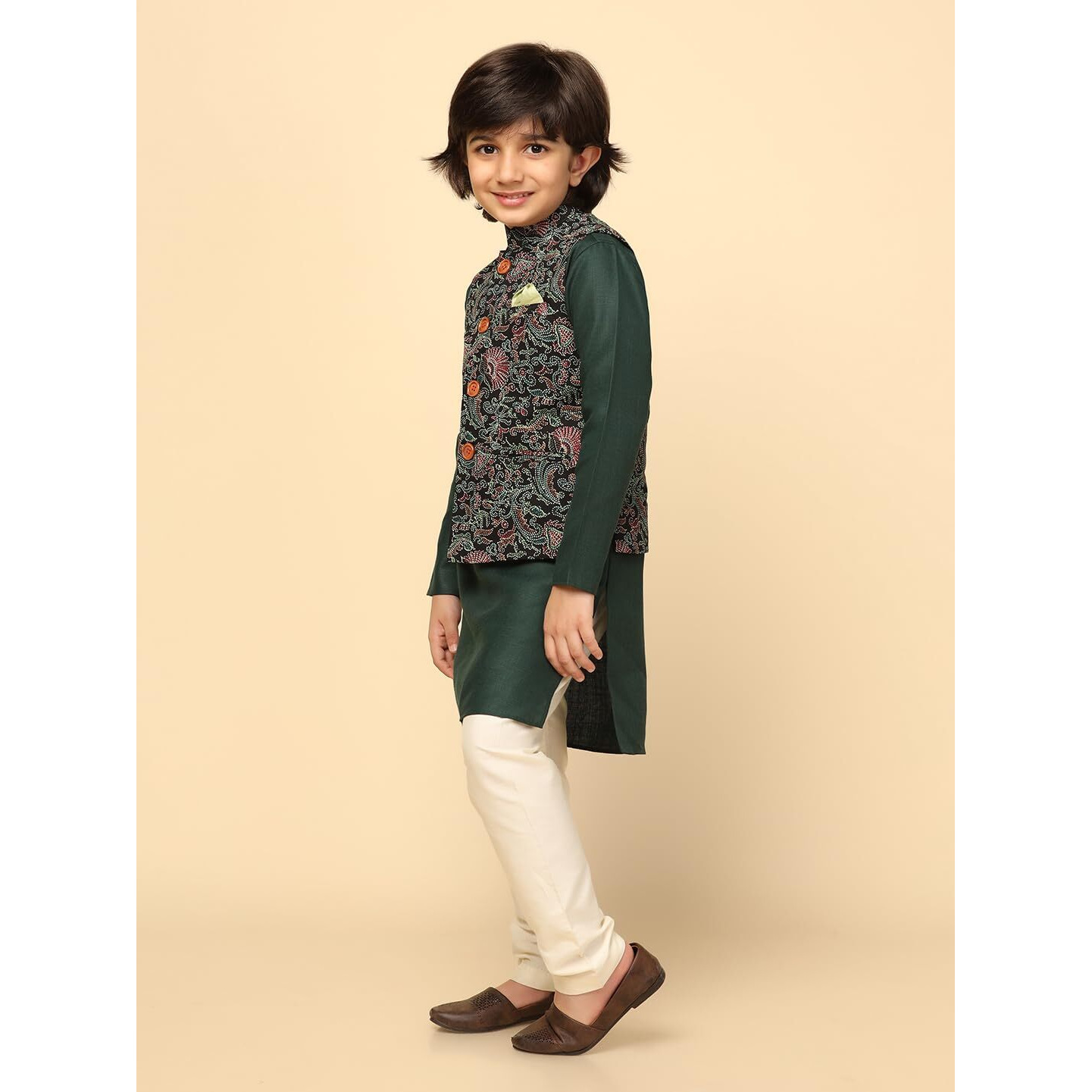 Kisah Boy's Cotton Blend Regular Fit Printed Multi Black Kurta Jacket Pyjama Set (7-8Y)