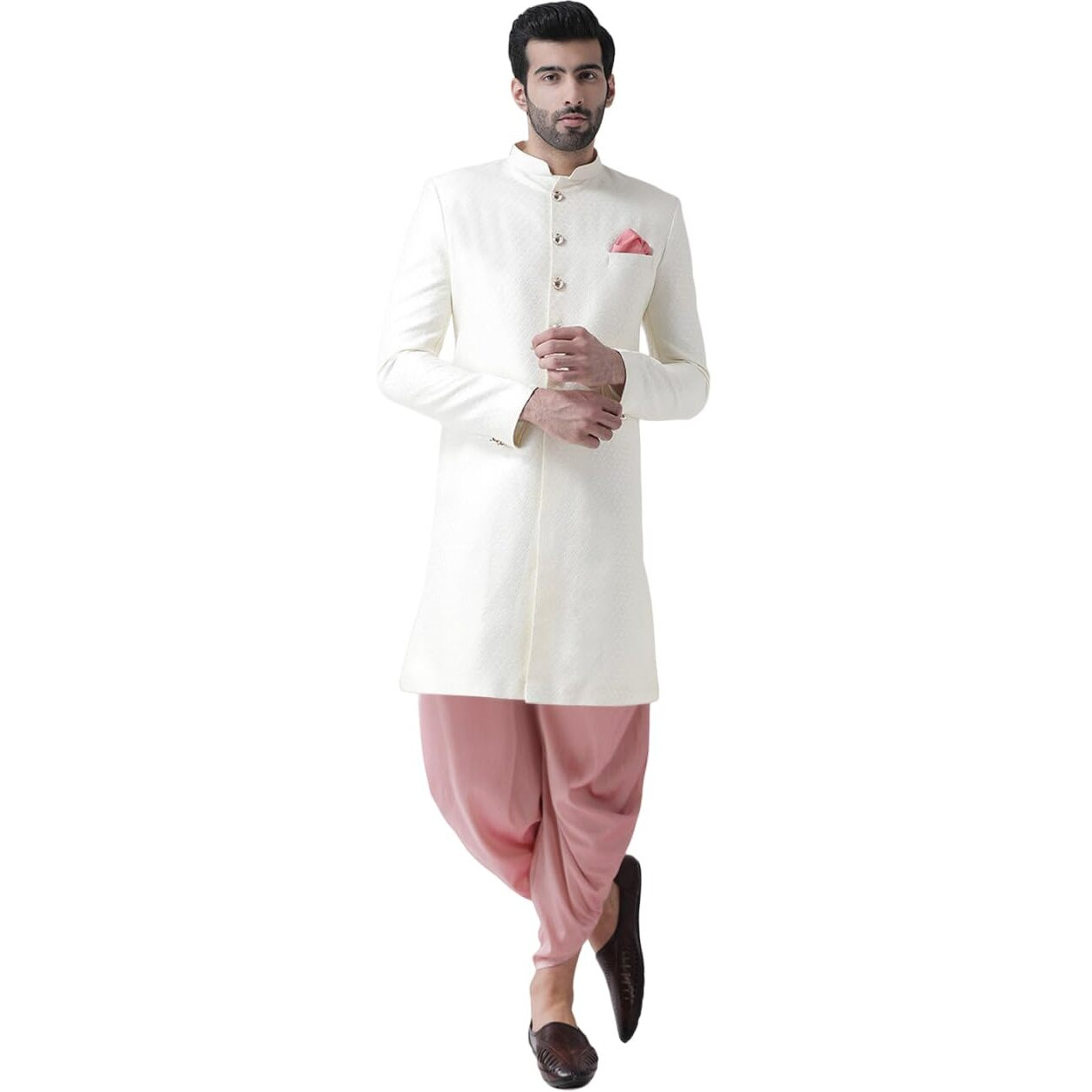 Kisah Men's Indo-Western Sherwani Dhoti Set, White Jacquard Woven Design Regular Fit Mandarin Collar Full Sleeves (M)