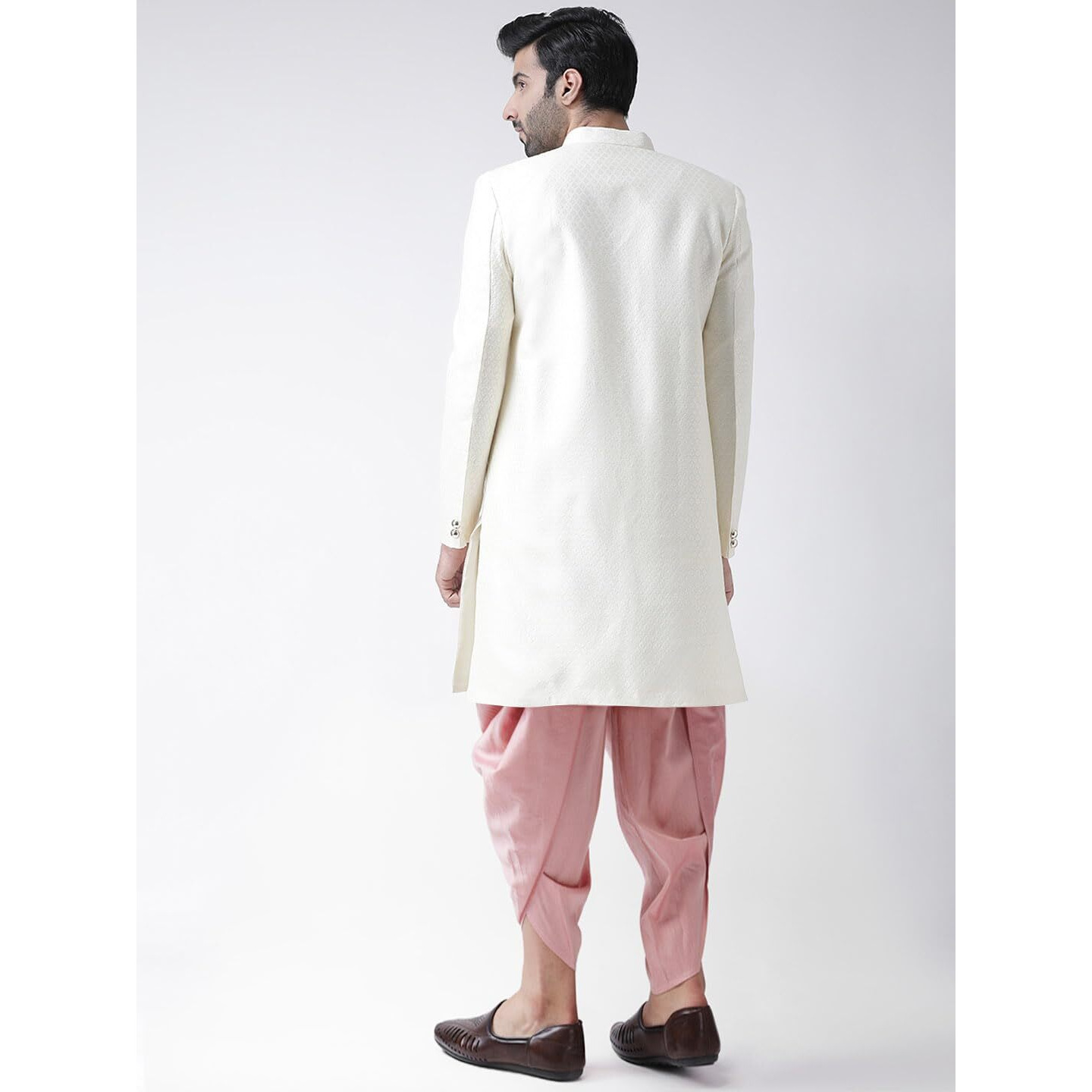 Kisah Men's Indo-Western Sherwani Dhoti Set, White Jacquard Woven Design Regular Fit Mandarin Collar Full Sleeves (M)
