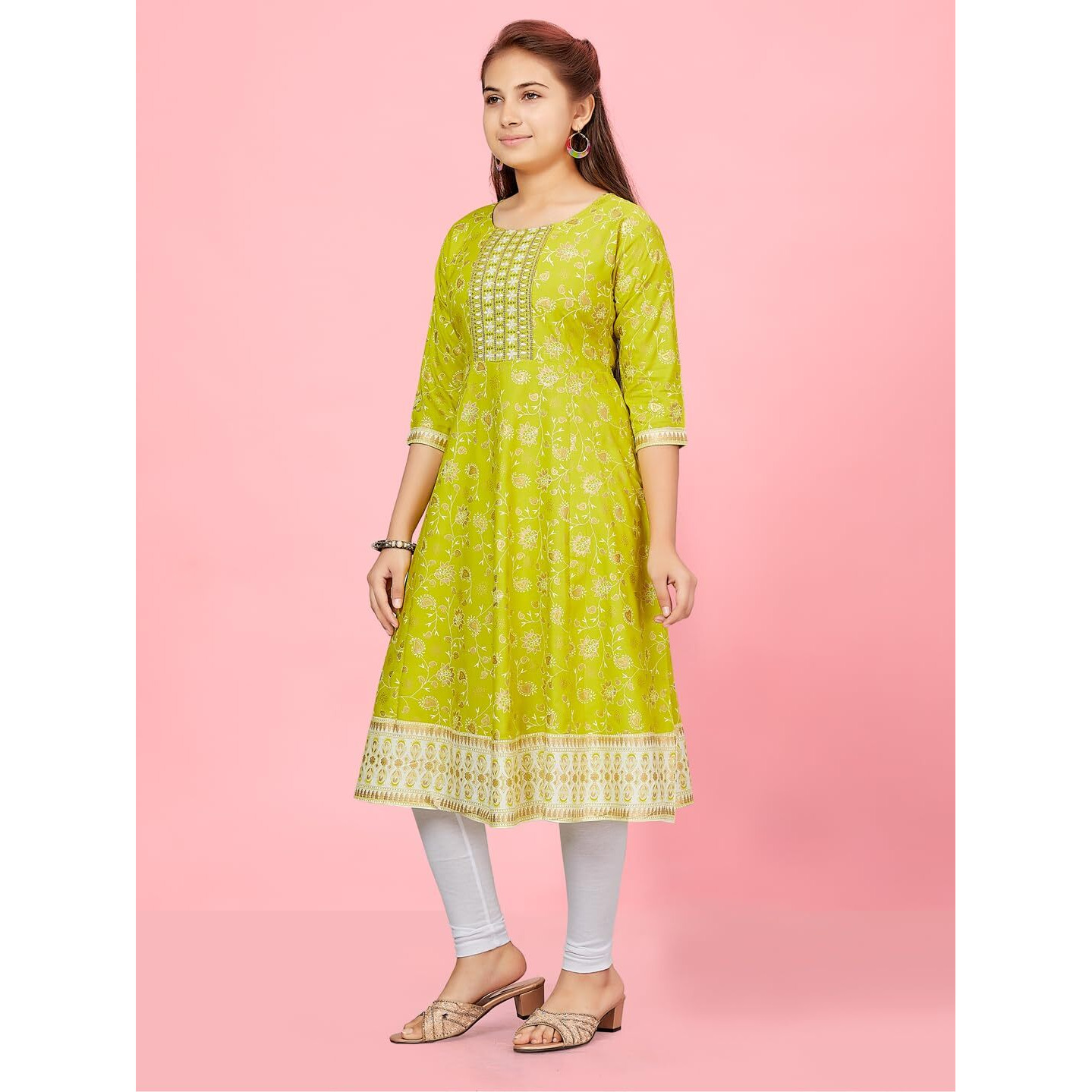 Aarika Girls Lime Green-White Colour Cotton Kurti Legging Set (Kl-K-Ap-1121-C-Green-White-40)