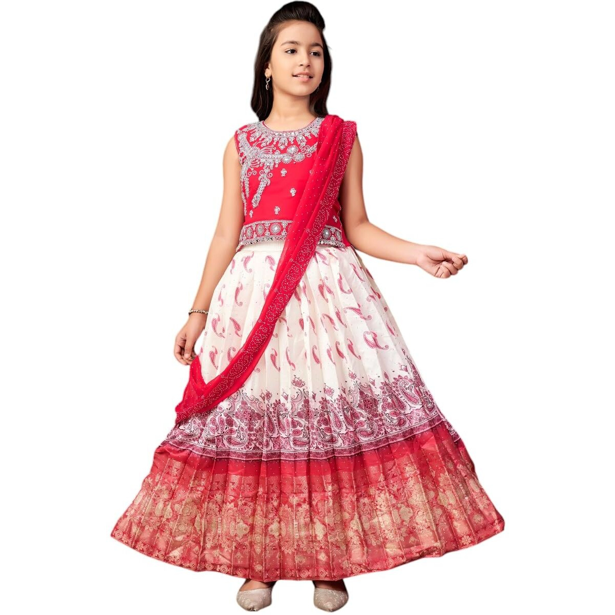 Aarika Girls Ethnic Wear Rani-Cream Colour Mirror Embroidery Georgette Lehenga Choli Set With Attached Dupatta-4-15 Years (Lch-9435)