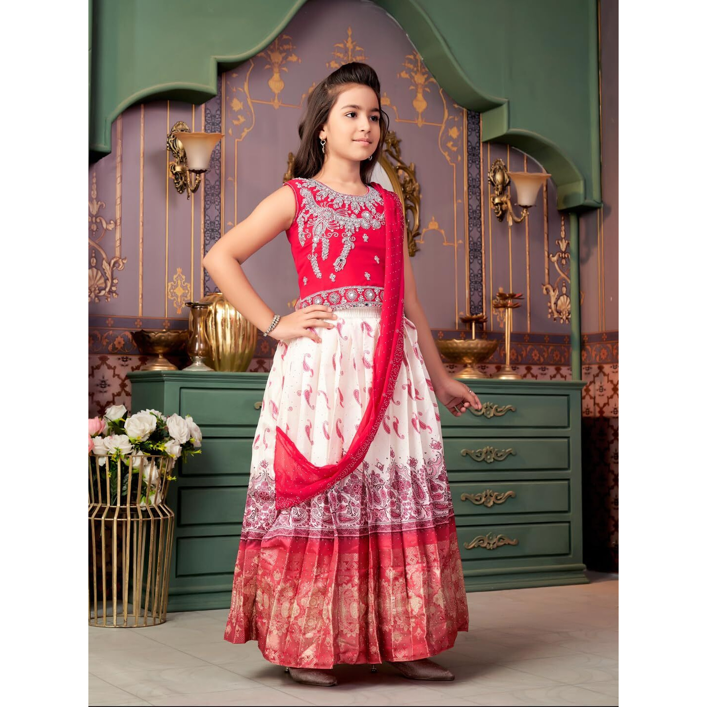 Aarika Girls Ethnic Wear Rani-Cream Colour Mirror Embroidery Georgette Lehenga Choli Set With Attached Dupatta-4-15 Years (Lch-9435)