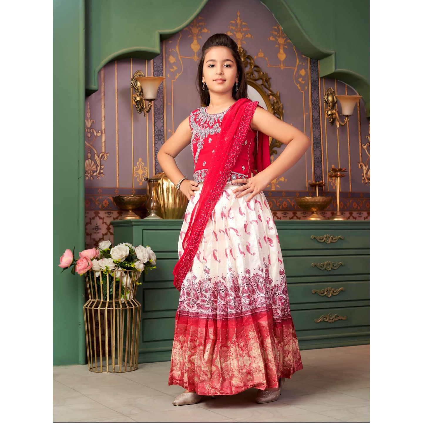 Aarika Girls Ethnic Wear Rani-Cream Colour Mirror Embroidery Georgette Lehenga Choli Set With Attached Dupatta-4-15 Years (Lch-9435)