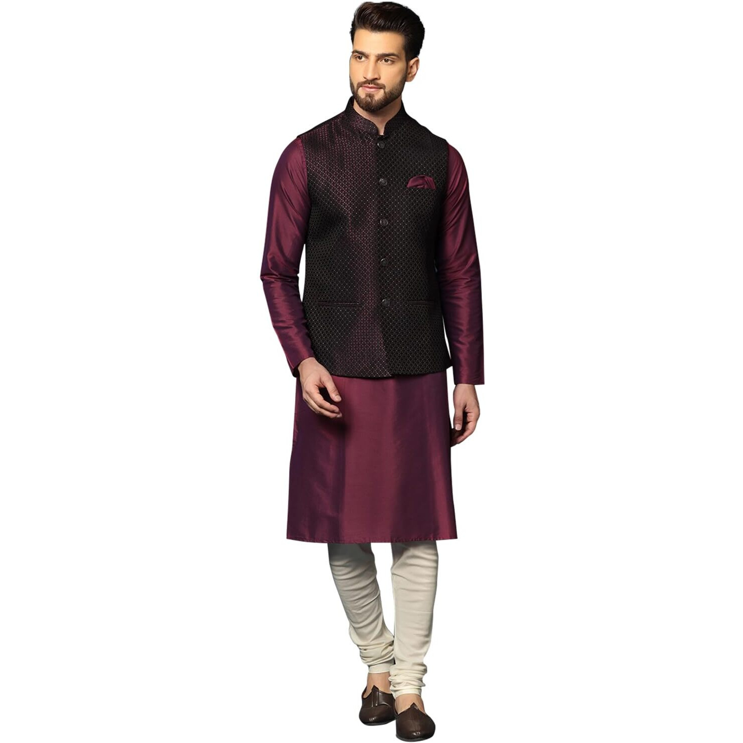Kisah Men's Maroon Kurta Jacket Churidar Set Cotton Blend, Woven Design, Full Sleeves, Straight, Regular Fit, Mandarin Collar, Ethnic Casual Wear