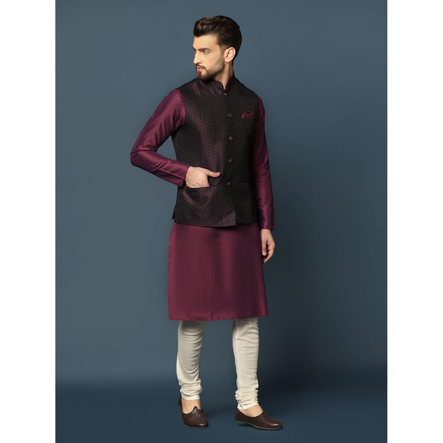 Kisah Men's Maroon Kurta Jacket Churidar Set Cotton Blend, Woven Design, Full Sleeves, Straight, Regular Fit, Mandarin Collar, Ethnic Casual Wear