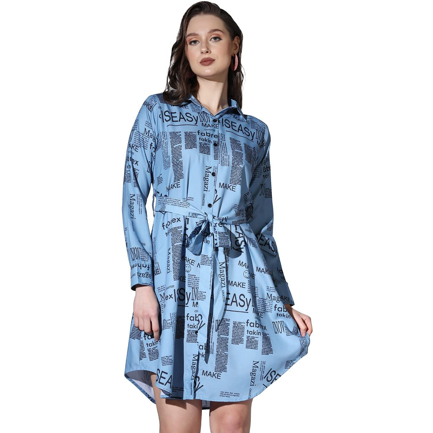 Greciilooks Western Dress For Women - Paper Printed Rayon Dress & Long Button Down Sleeve With Belt For Girls Suitable For Workout, Office, Function, Tracking(Pack Of 1) (Large, Blue)