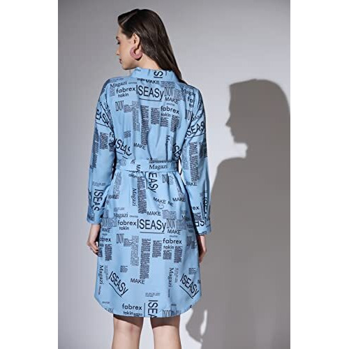 Greciilooks Western Dress For Women - Paper Printed Rayon Dress & Long Button Down Sleeve With Belt For Girls Suitable For Workout, Office, Function, Tracking(Pack Of 1) (Large, Blue)