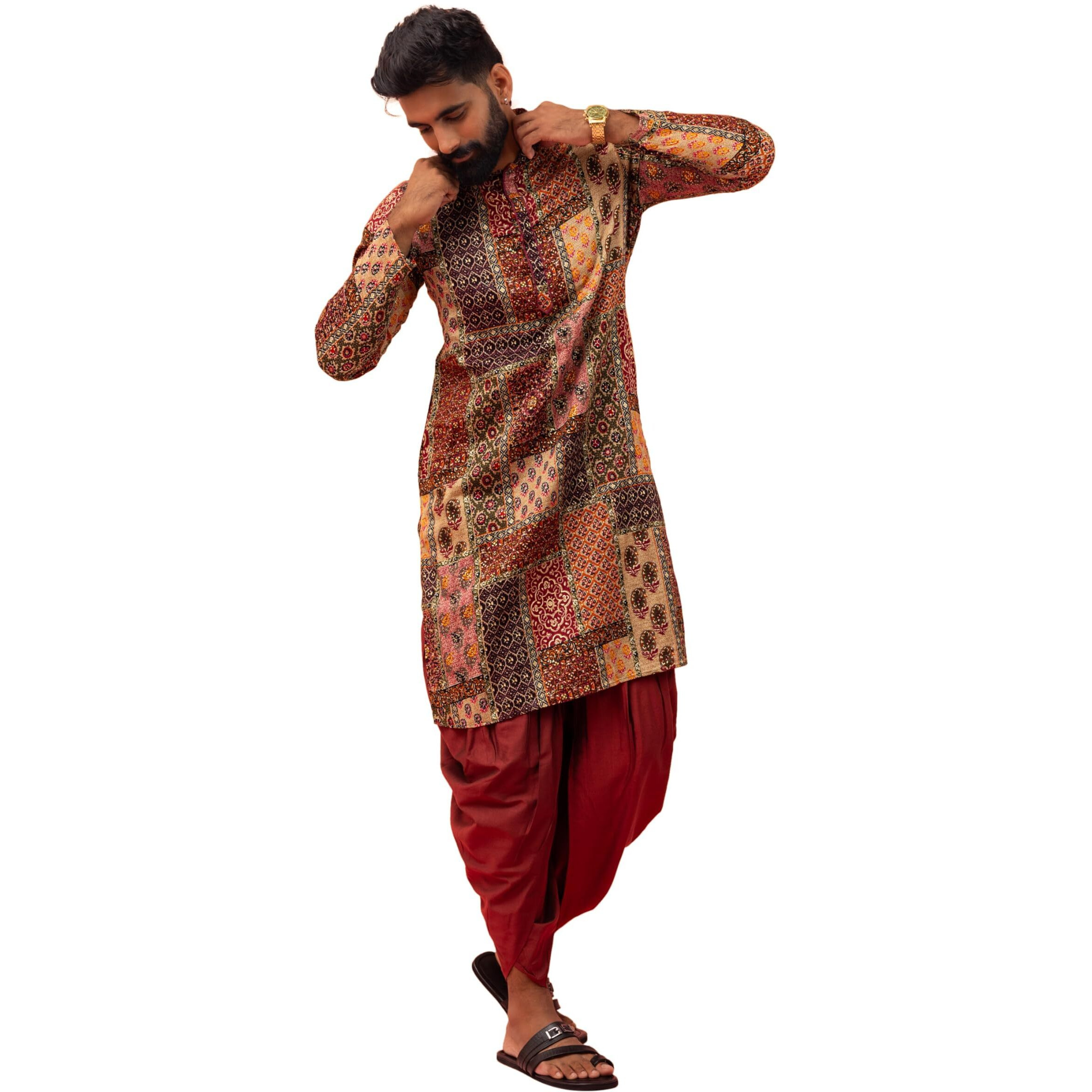 Kisah Men's Regular Fit Printed Cotton Blend Multi Kurta Dhoti Pants Set Multicolour-44