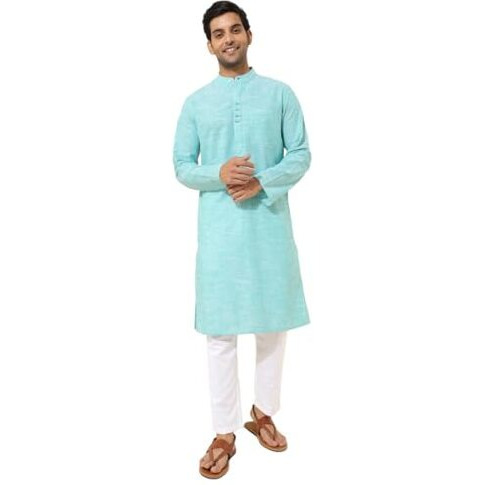 Fabindia Men's Cotton Woven Slim Long Kurta (1038412Teal_Teal