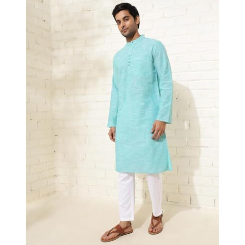 Fabindia Men's Cotton Woven Slim Long Kurta (1038412Teal_Teal