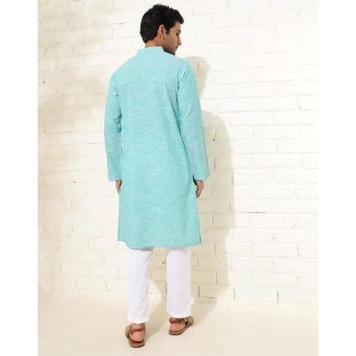 Fabindia Men's Cotton Woven Slim Long Kurta (1038412Teal_Teal