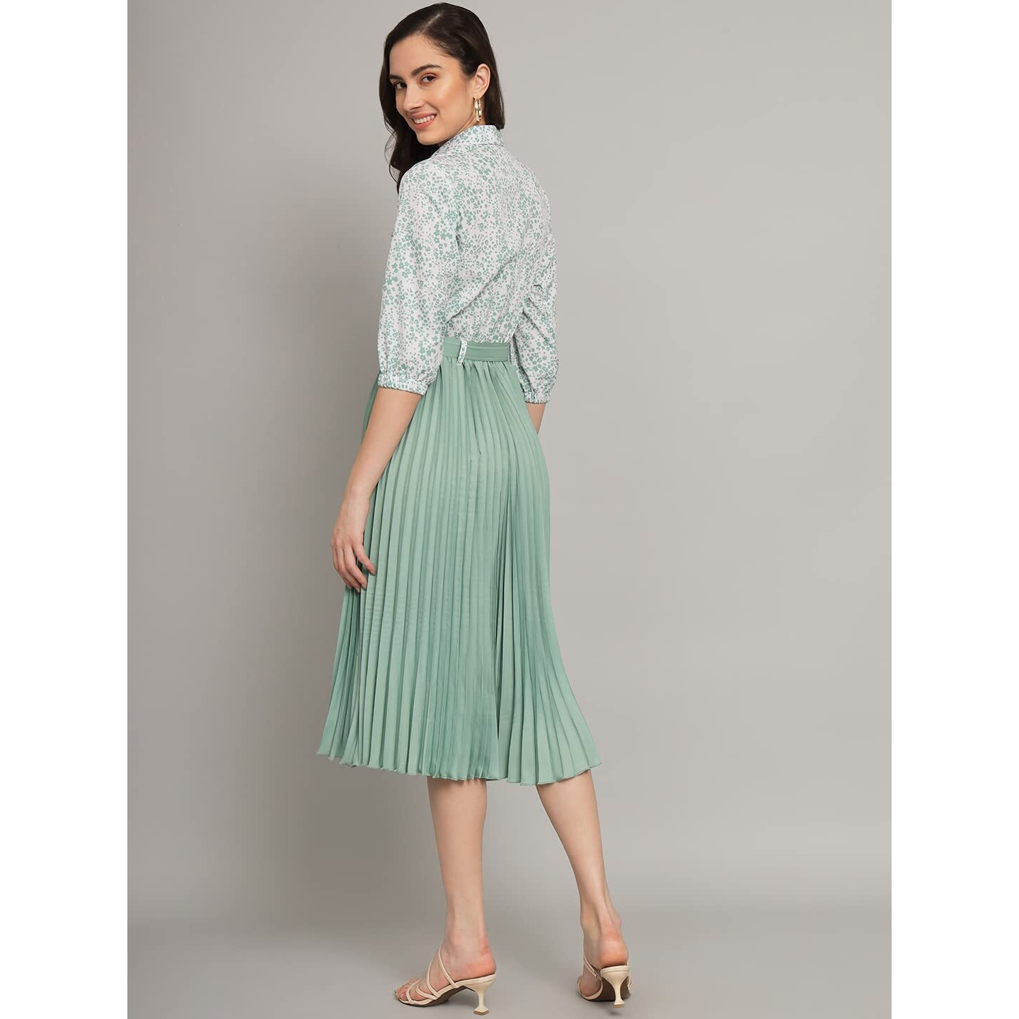 Kzully | Elegant A-Line Dress Collared V-Neck Top, Pleated Skirt With Elastic Waist, Includes Belt Pista
